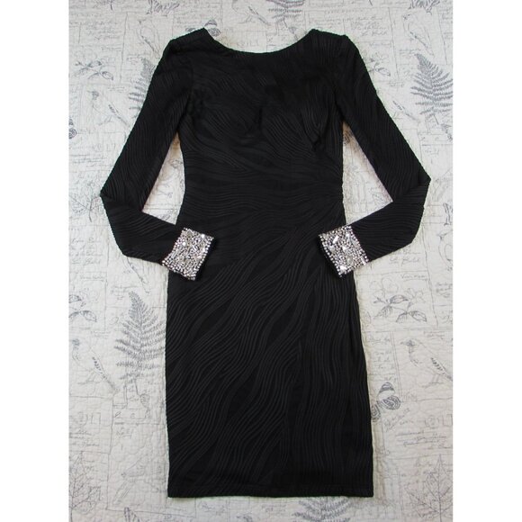 Jovani Dresses & Skirts - EUC $595 Jovani Black Textured Long Slv fitted sheath Midi Dress beaded cuff 4